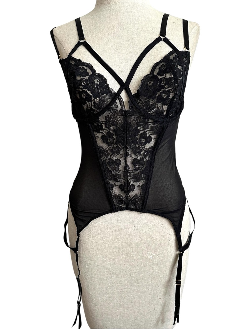 Adore Me Bustier With Garters Black Mesh Lace Medium